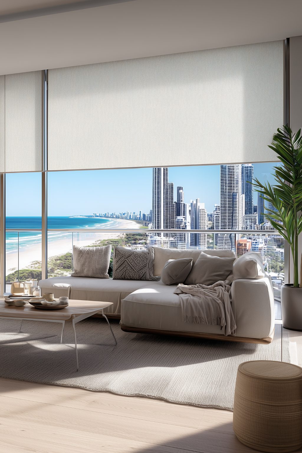 Modern coastal apartment with light-filtering roller blinds, a cream lounge and textured cushions, overlooking Gold Coast skyline and ocean