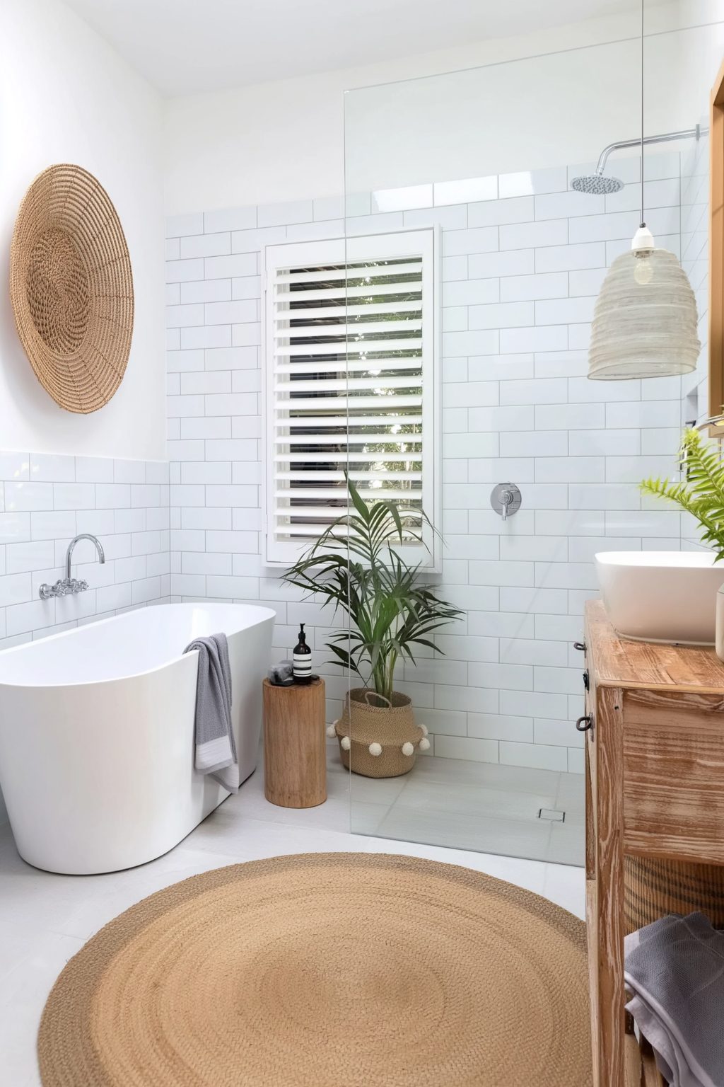 Bright coastal bathroom with white plantation shutters, freestanding tub, glass shower screen, timber vanity and natural woven accents.