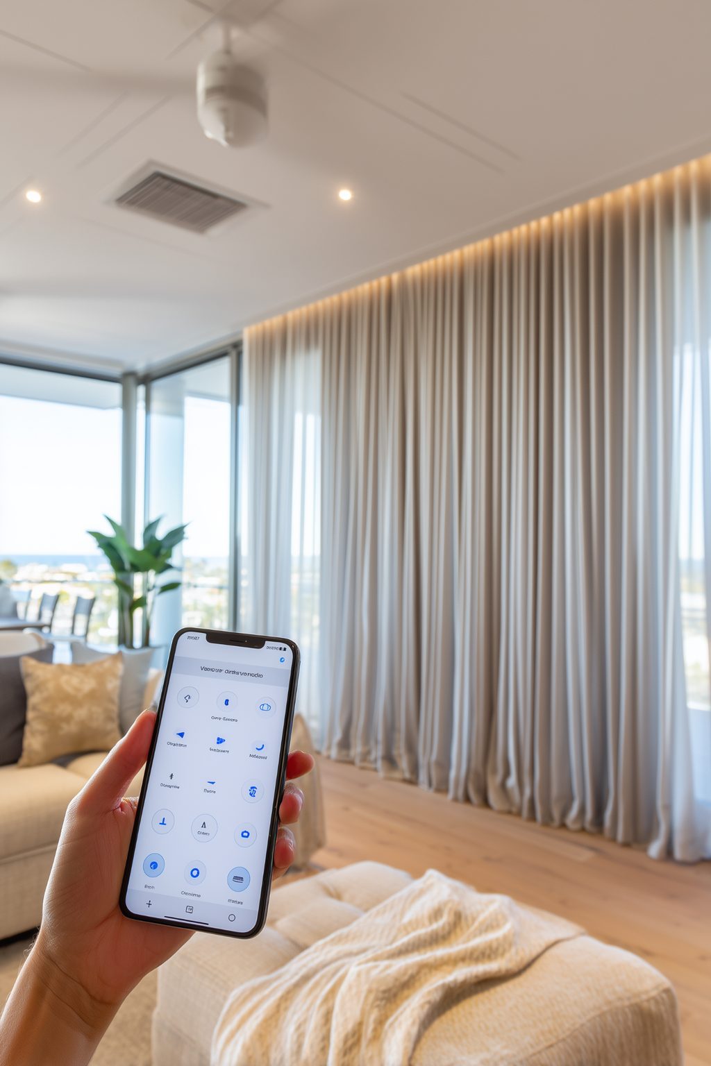 Modern living room with motorised curtains controlled via smartphone app, featuring soft LED-lit ceiling pelmet and Gold Coast ocean views through floor-to-ceiling windows
