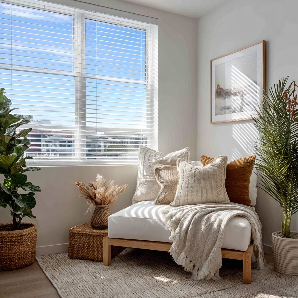 Living room with custom venetian blinds by Gold Coast Blinds and Shutters