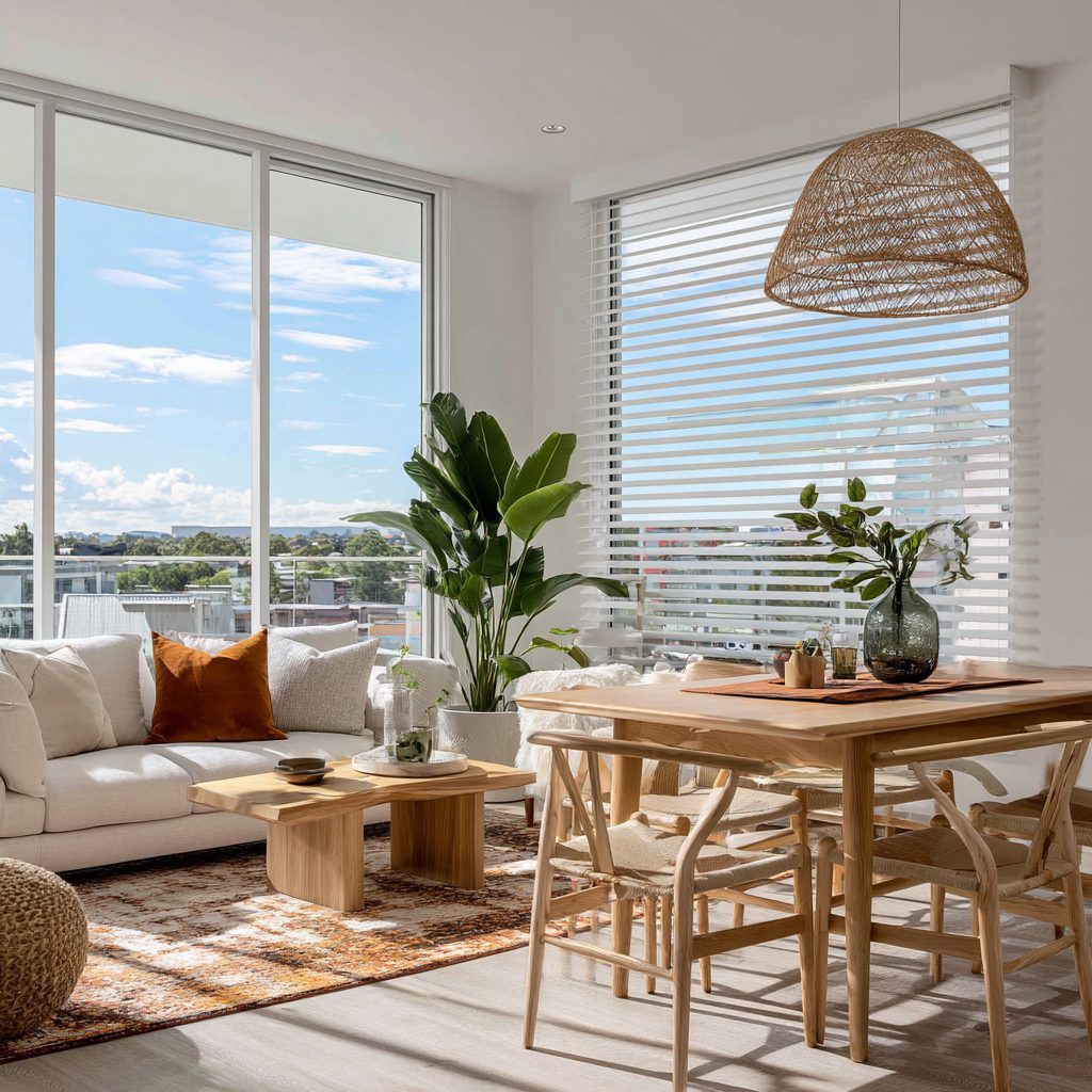 White PVC venetian blinds in a renovated room by Gold Coast Blinds and Shutters