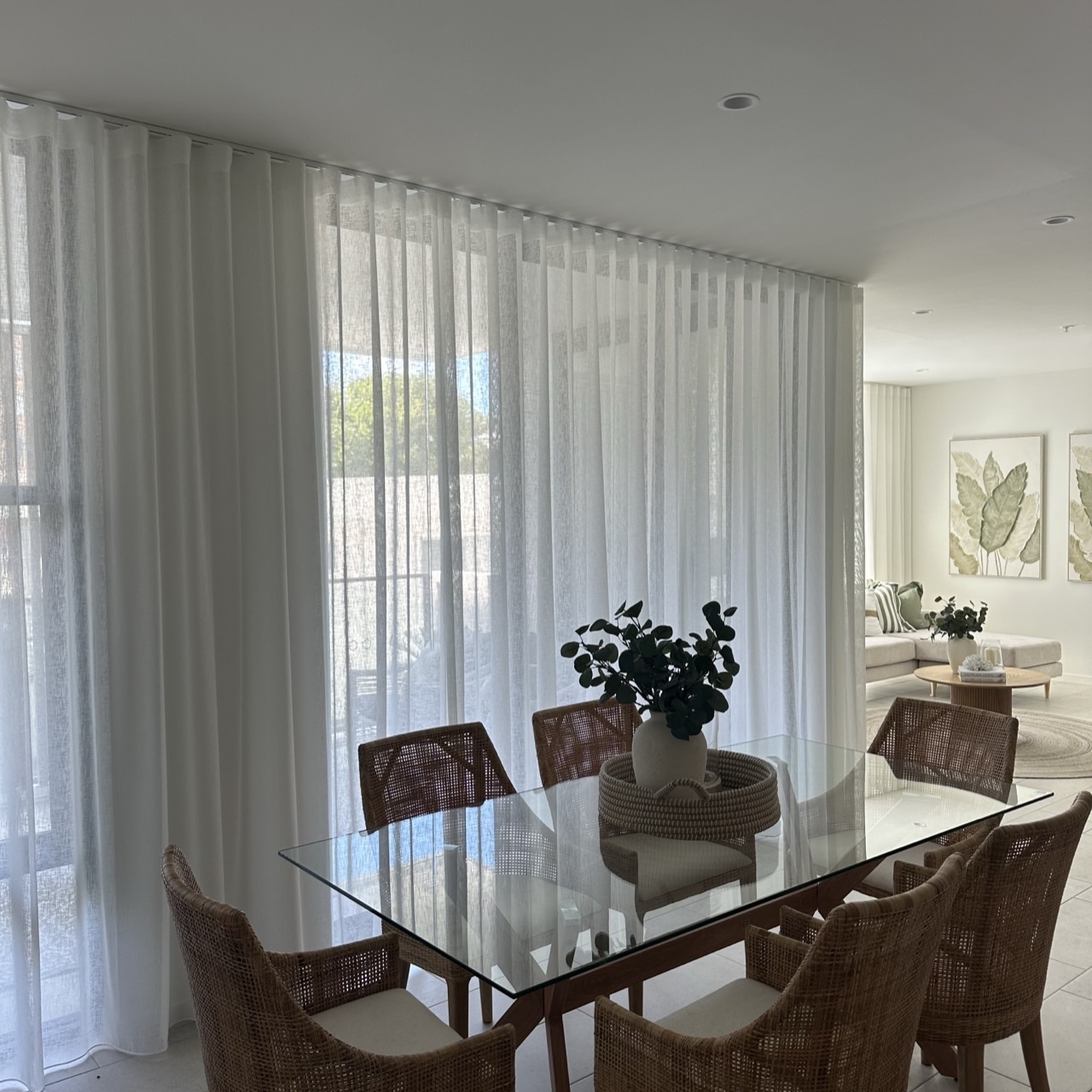 S-fold white sheer curtains installed in Pimpama home by Gold Coast Blinds and Shutters