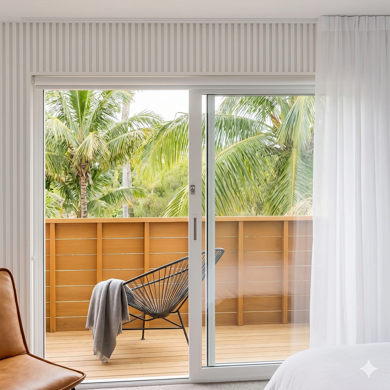Bedroom with custom blockout and sheer curtains