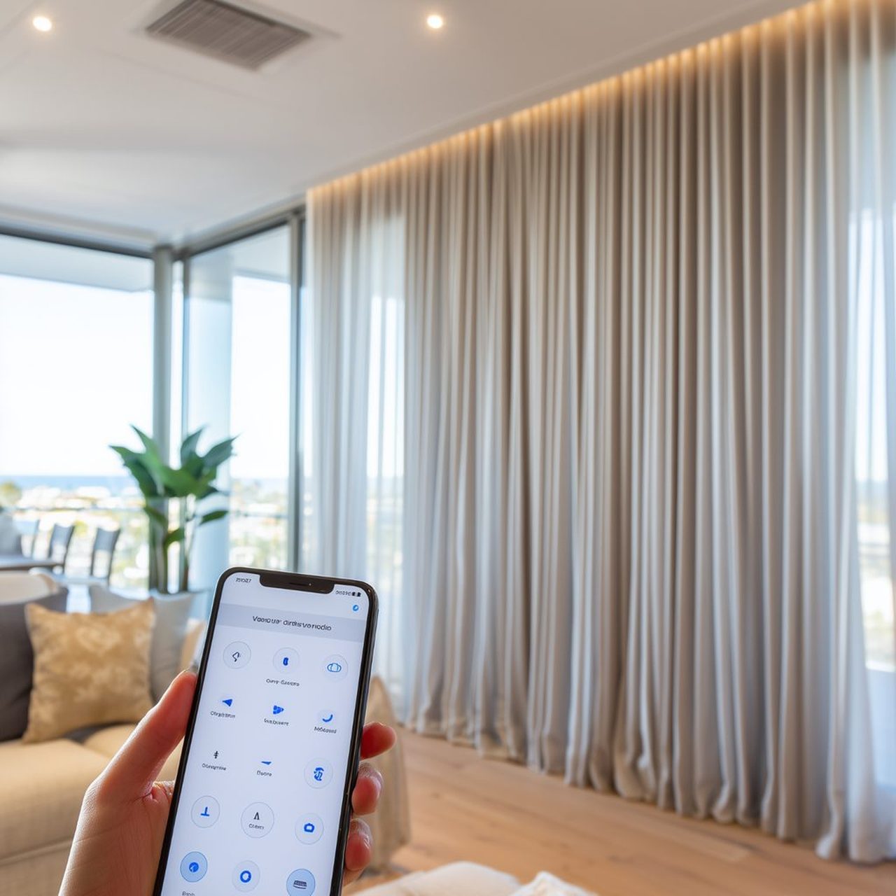 Motorised curtains being controlled from a smartphone app in a Gold Coast living room