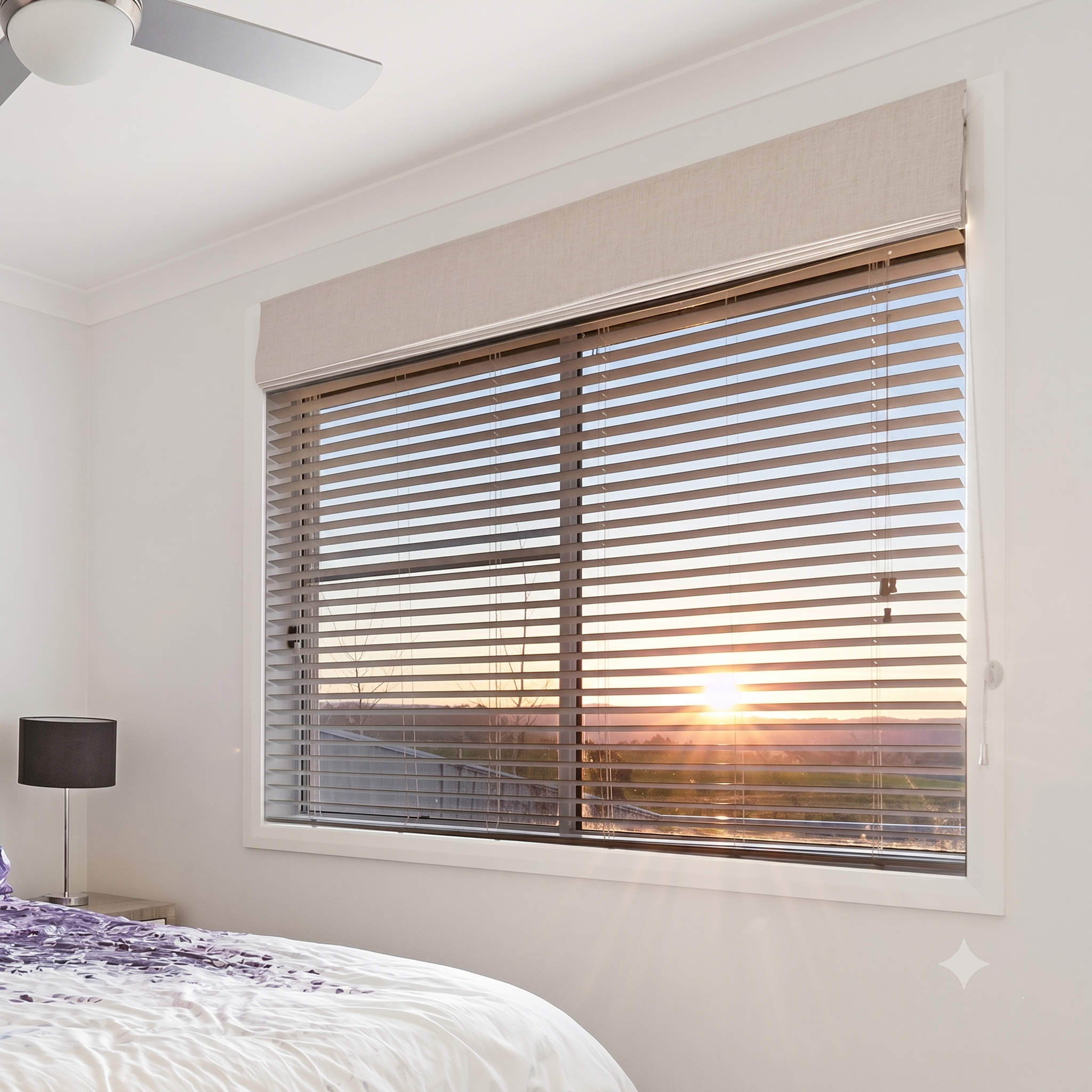 Bedroom venetian blinds at sunset by Gold Coast Blinds and Shutters