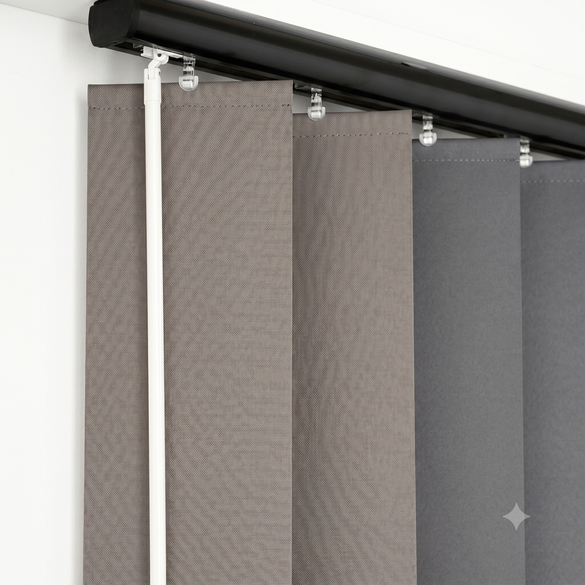 Wide vertical blind slats close-up on head-track by Gold Coast Blinds and Shutters