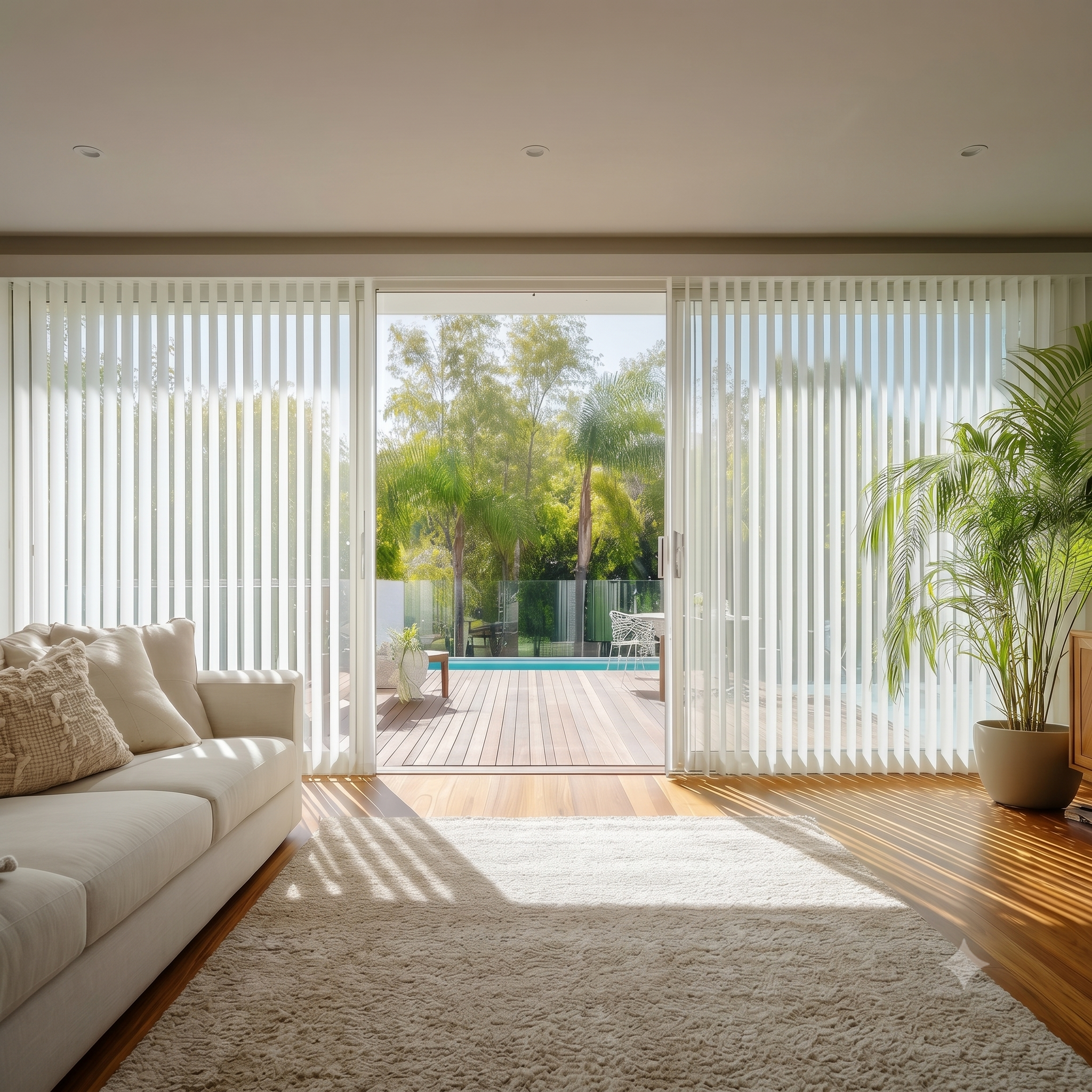 Coastal living room with vertical blinds on a sliding door by Gold Coast Blinds and Shutters