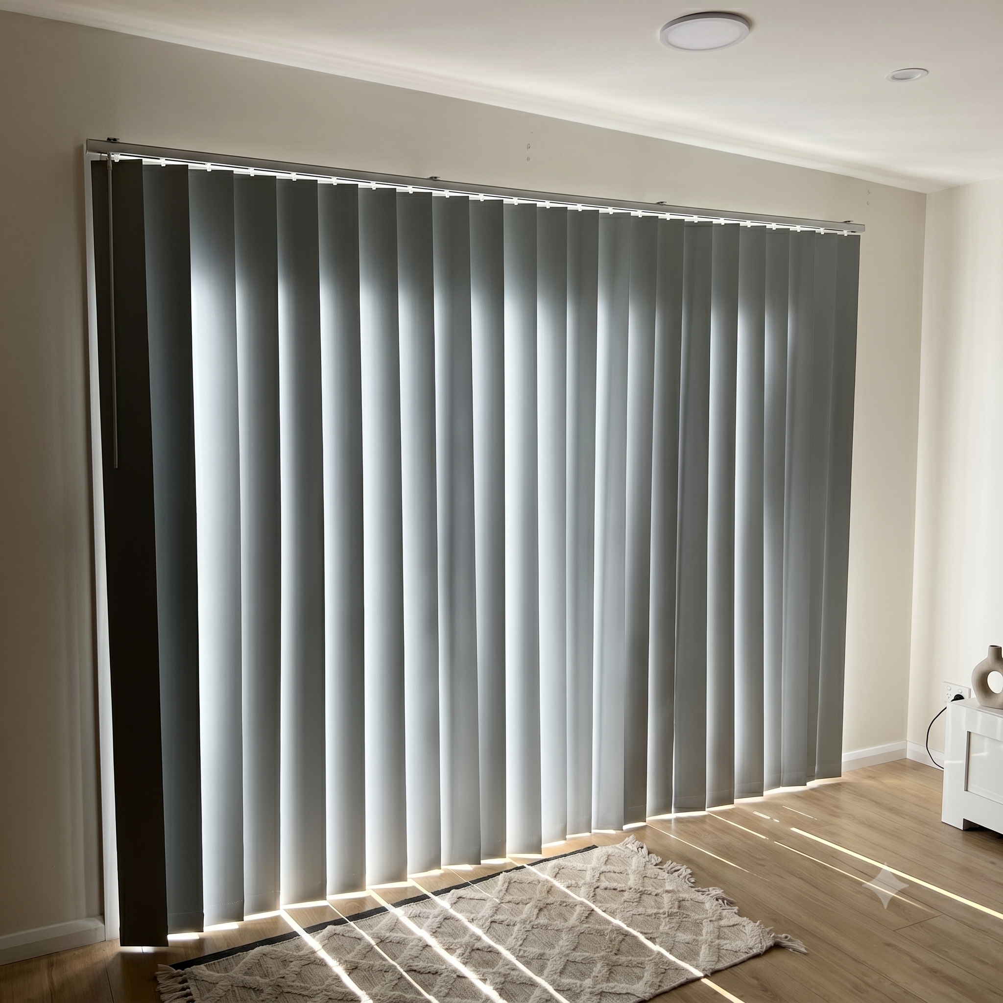 Wide vertical blinds installed across a sliding door by Gold Coast Blinds and Shutters