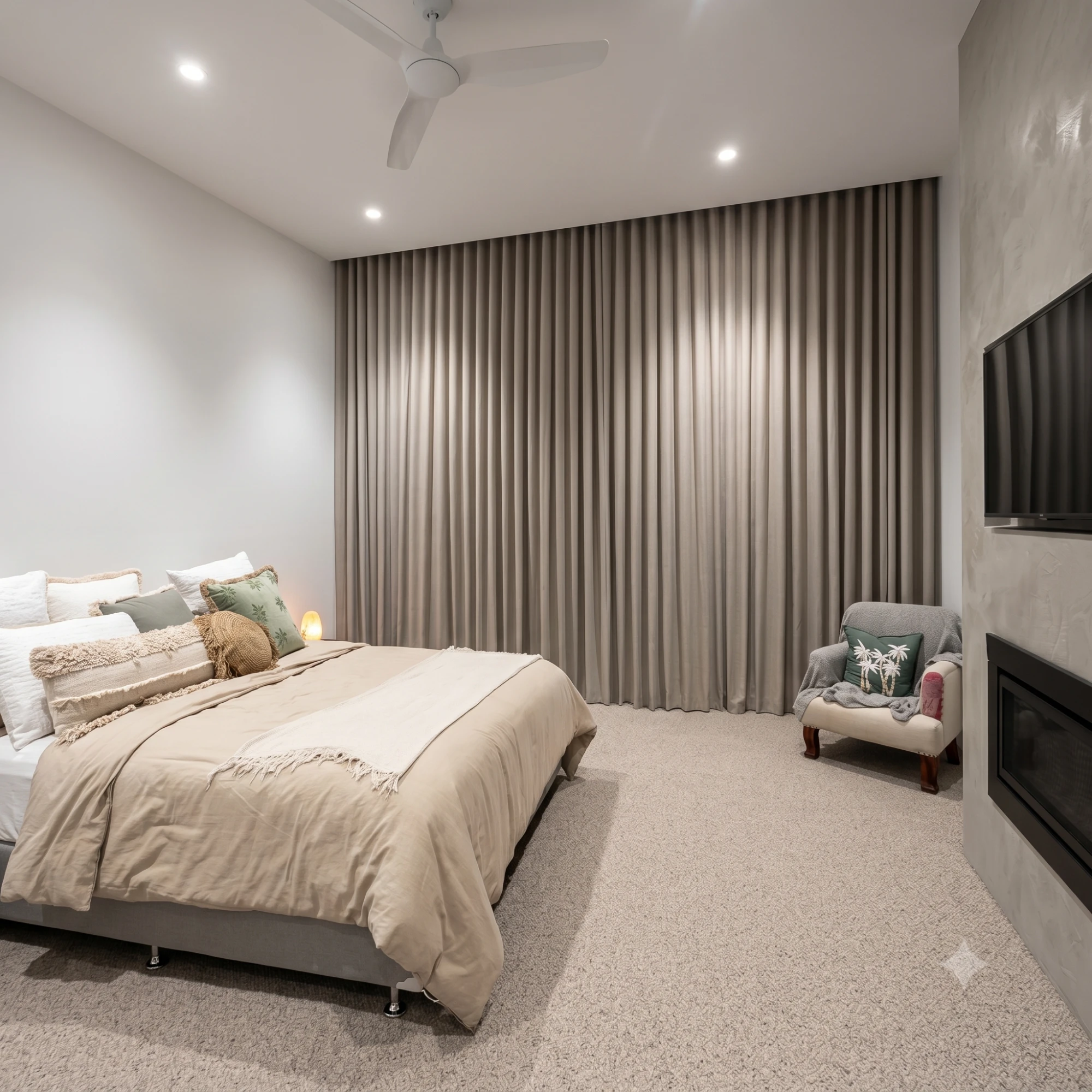 Premium full-wall taupe blockout curtains in a modern bedroom by Gold Coast Blinds and Shutters