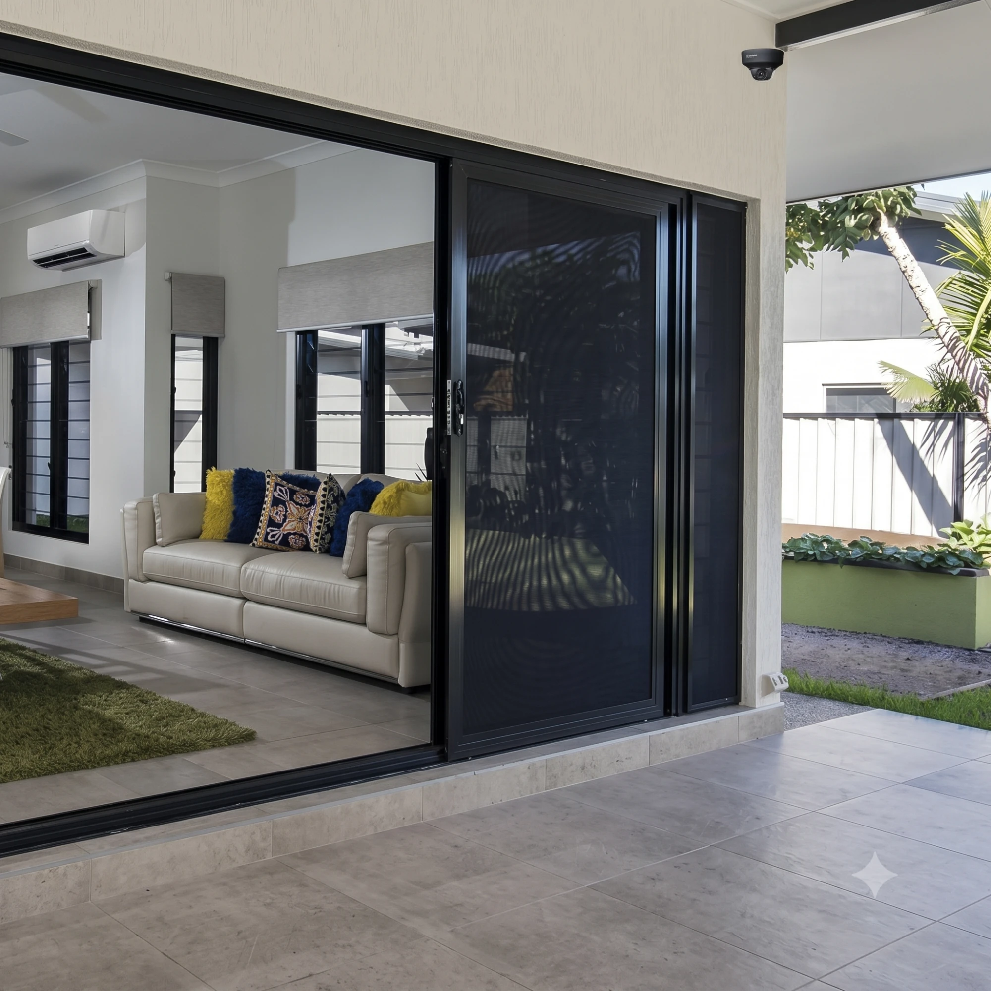 Black sliding security screen door opening from living room to patio by Gold Coast Blinds and Shutters