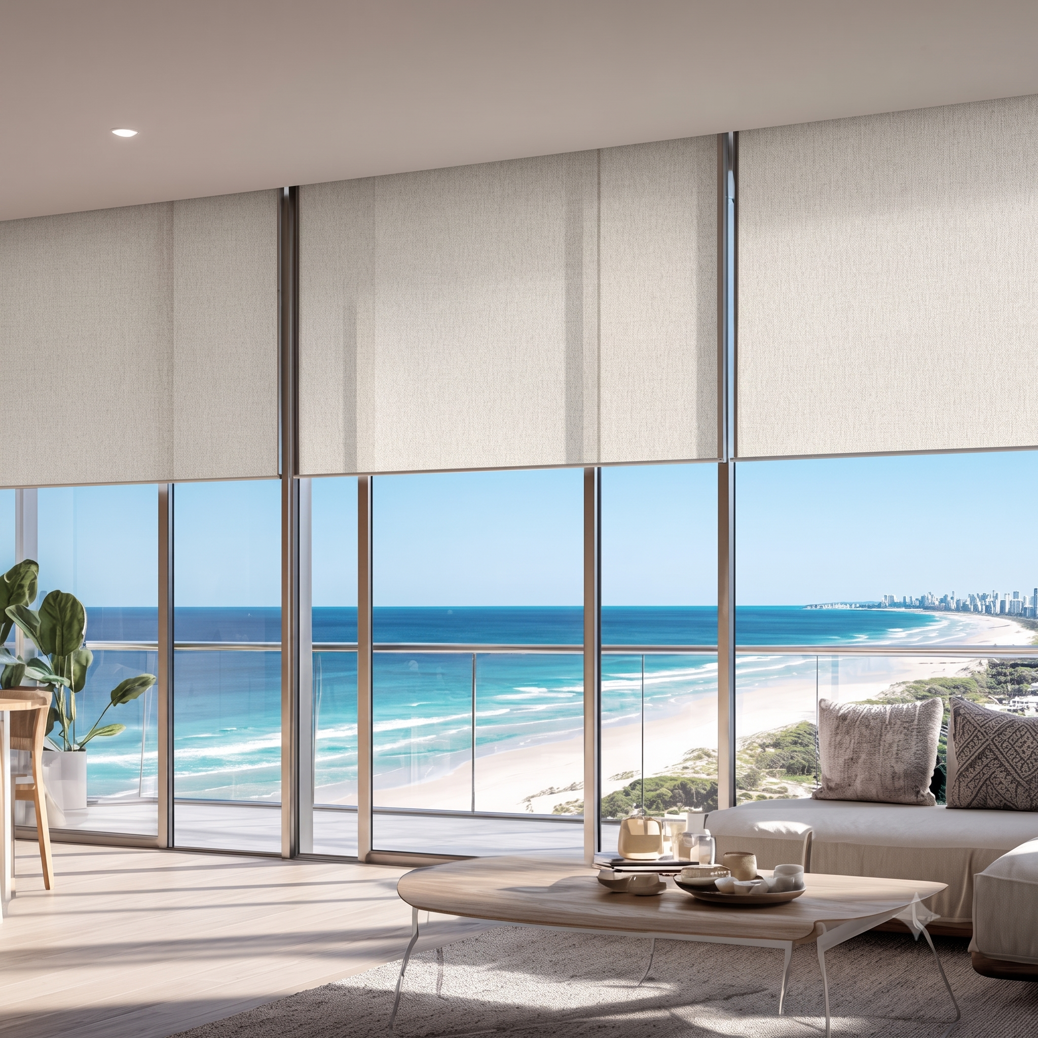 Cream sunscreen roller blinds half-lowered across floor-to-ceiling glass in a Gold Coast oceanview apartment