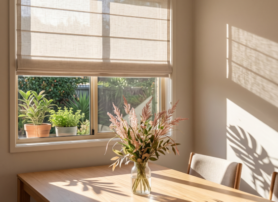 Natural linen roman blind partially raised on a Gold Coast dining room window with a wooden table and dried flowers