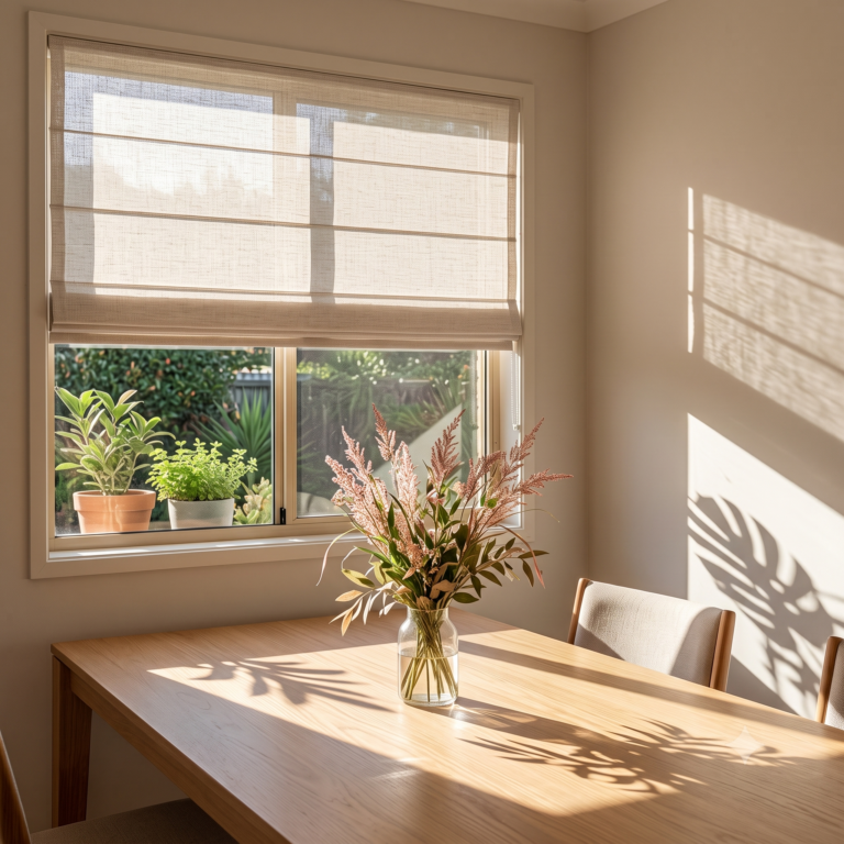 Natural linen roman blind partially raised on a Gold Coast dining room window with a wooden table and dried flowers