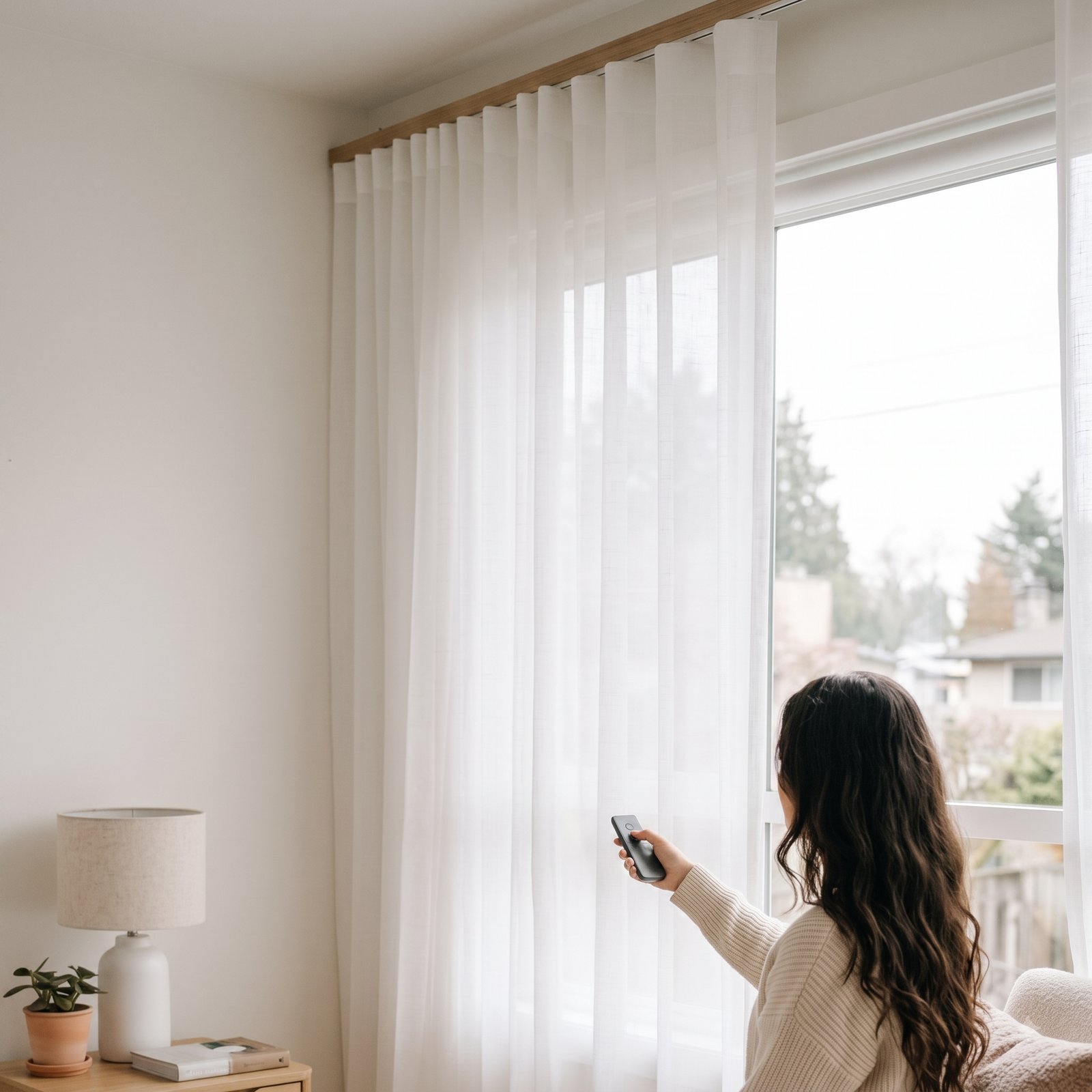 Motorised sheer curtains being closed with a remote control